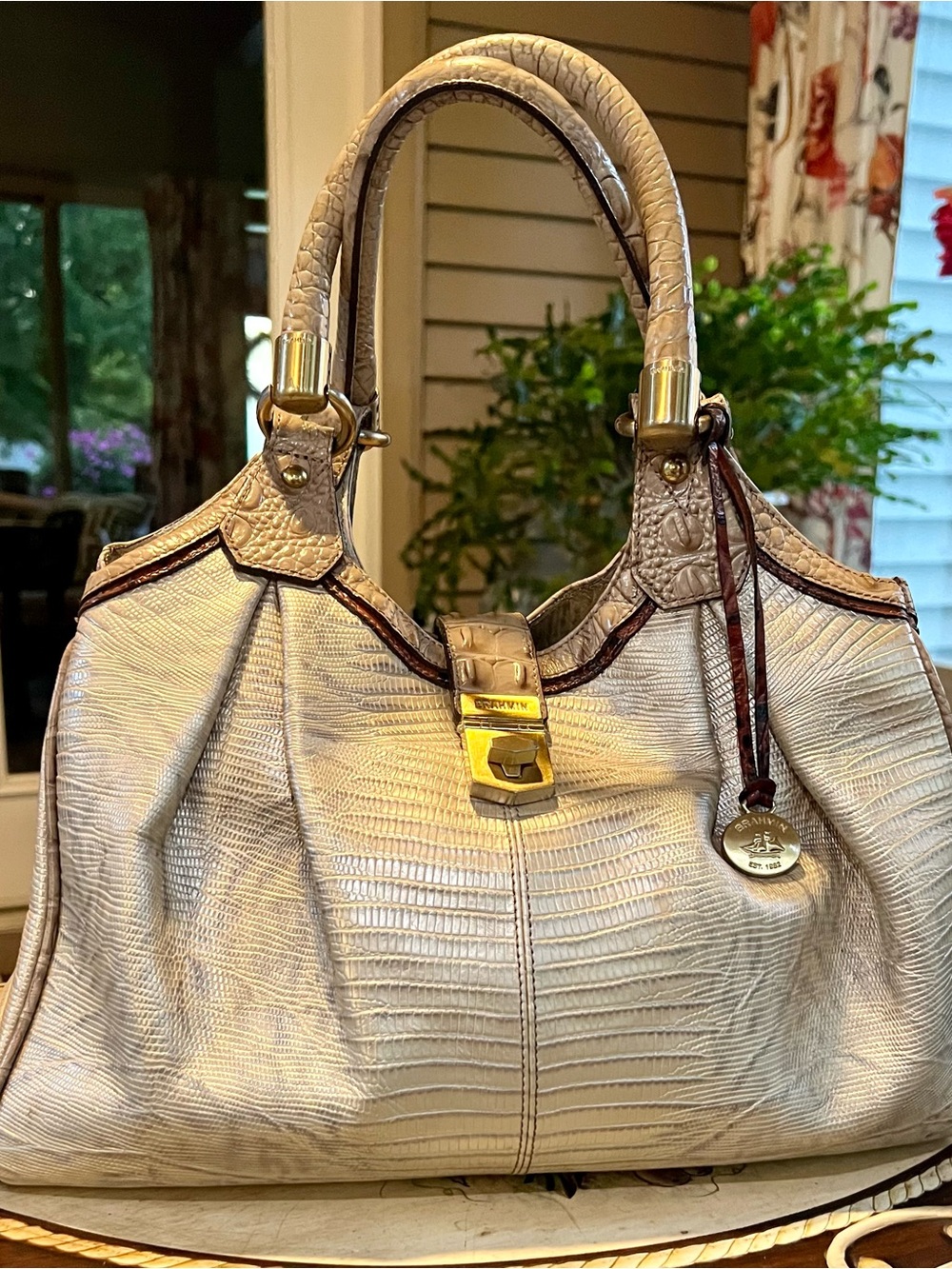 Brahmin Ivory Textured Satchel Purse with Gold Hardware